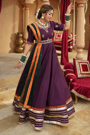 Mehrunisa Purple & Green Raw Silk Maxi with Dupatta & Belt For Women