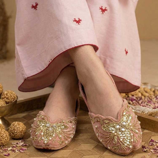 Blush Pink Embroidered Velvet Khussa For Women