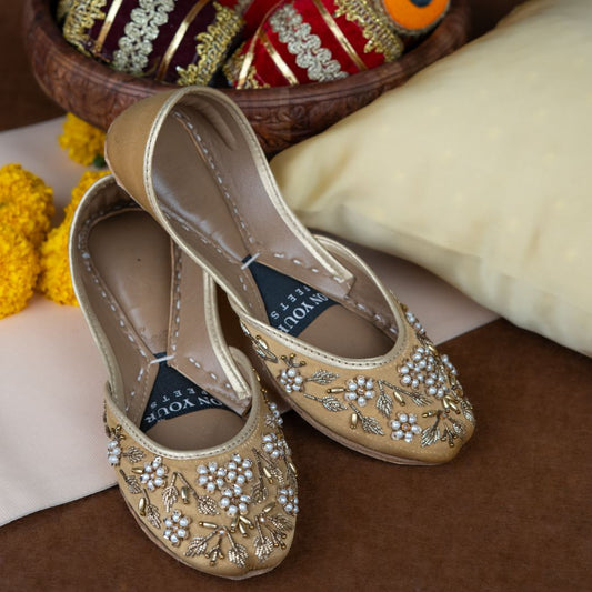 Pearl Petals Khussas – Gold Satin with Pearl & Zari Embroidery For Women
