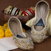 Pearl Petals Khussas – Gold Satin with Pearl & Zari Embroidery For Women