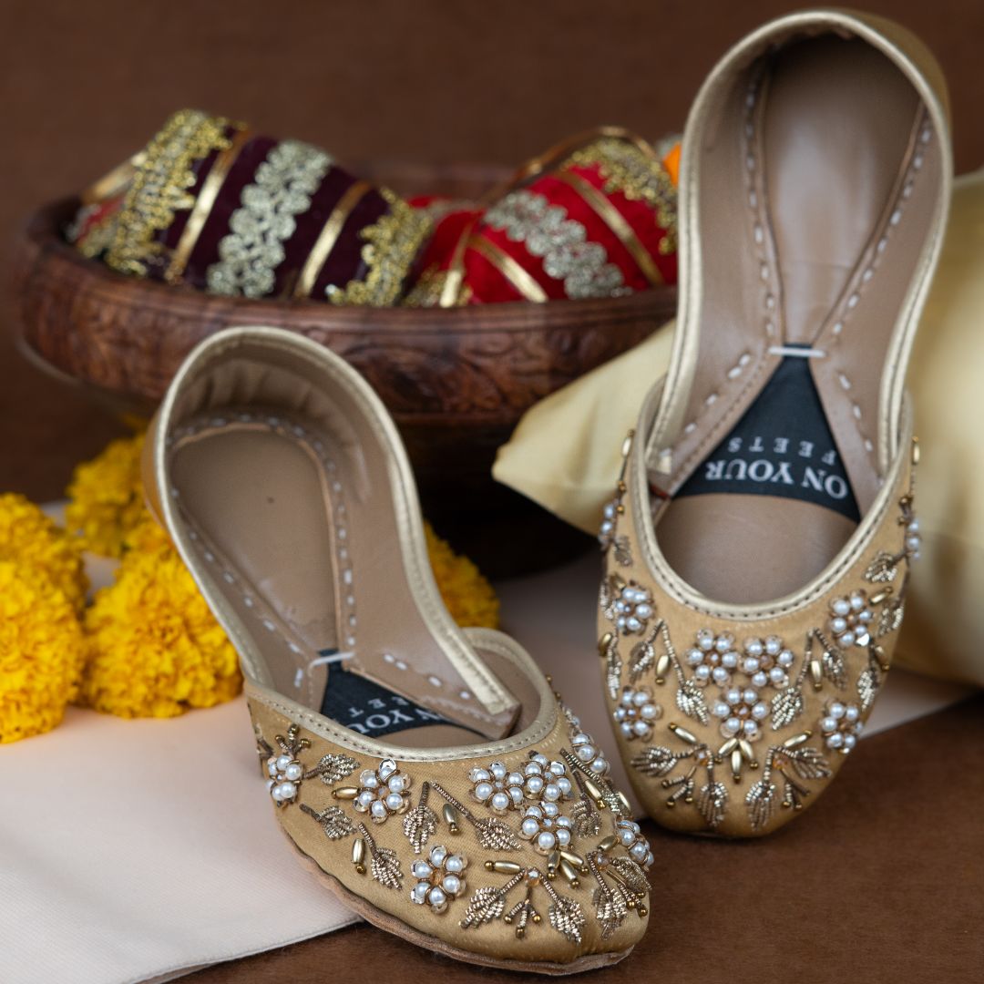 Pearl Petals Khussas – Gold Satin with Pearl & Zari Embroidery For Women