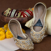 Pearl Petals Khussas – Gold Satin with Pearl & Zari Embroidery For Women