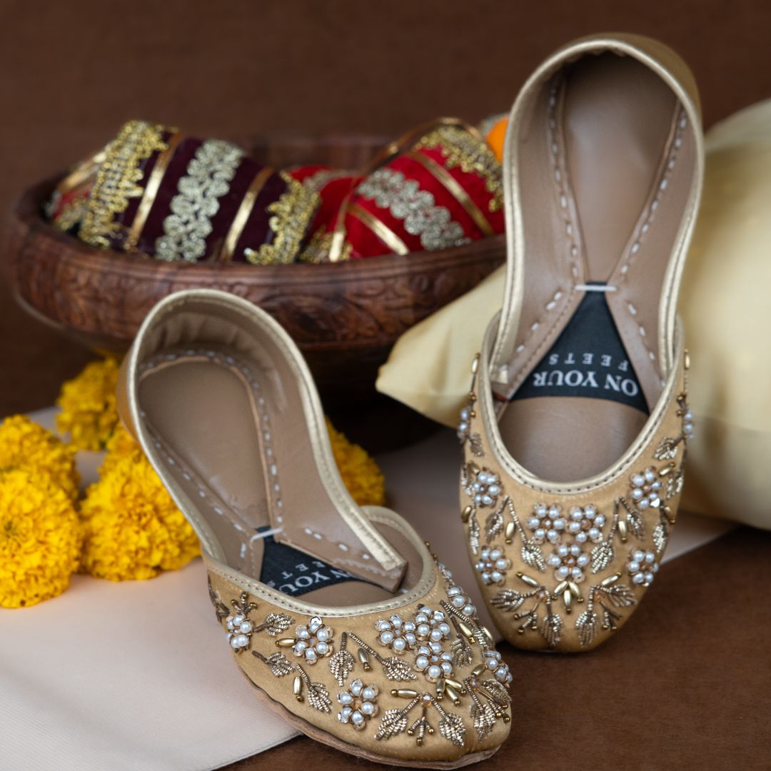 Pearl Petals Khussas – Gold Satin with Pearl & Zari Embroidery For Women