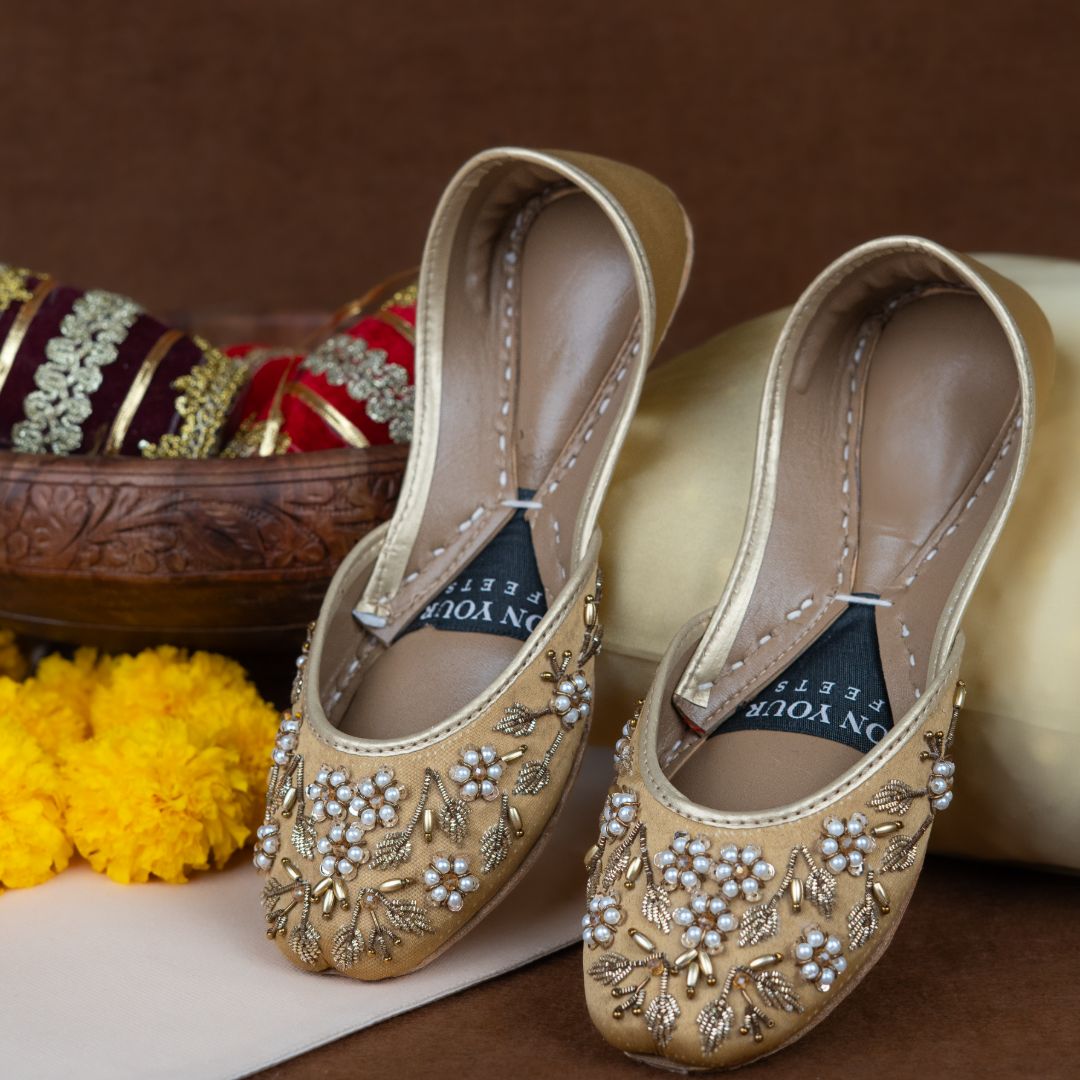 Pearl Petals Khussas – Gold Satin with Pearl & Zari Embroidery For Women