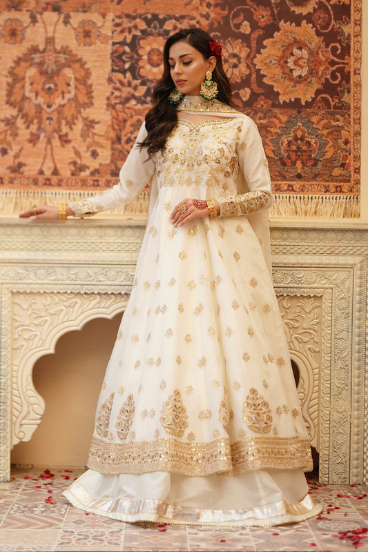 Chand Off-White Chiffon Frock with Silk Lehenga & Dupatta For Women