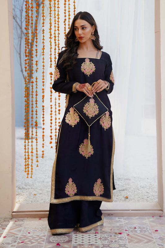 Black Luxury Tussle Silk Shirt & Sharara with Dupatta For Women