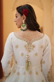 Chand Off-White Chiffon Frock with Silk Lehenga & Dupatta For Women