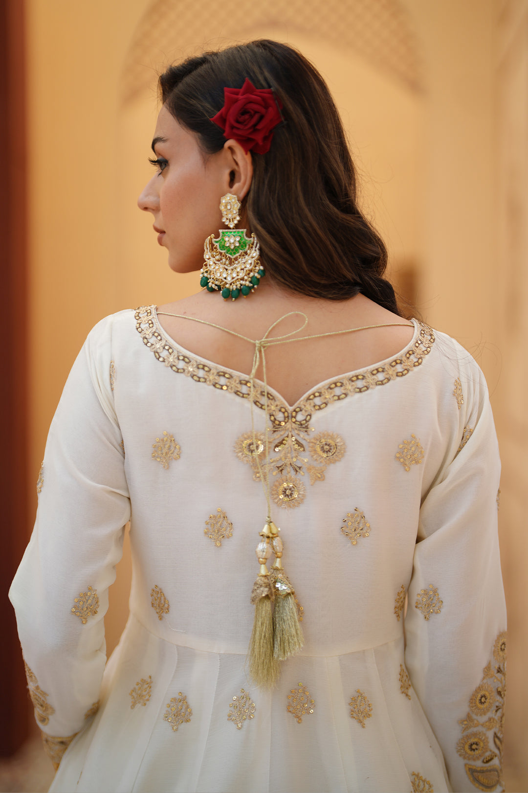 Chand Off-White Chiffon Frock with Silk Lehenga & Dupatta For Women