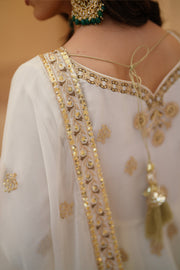 Chand Off-White Chiffon Frock with Silk Lehenga & Dupatta For Women