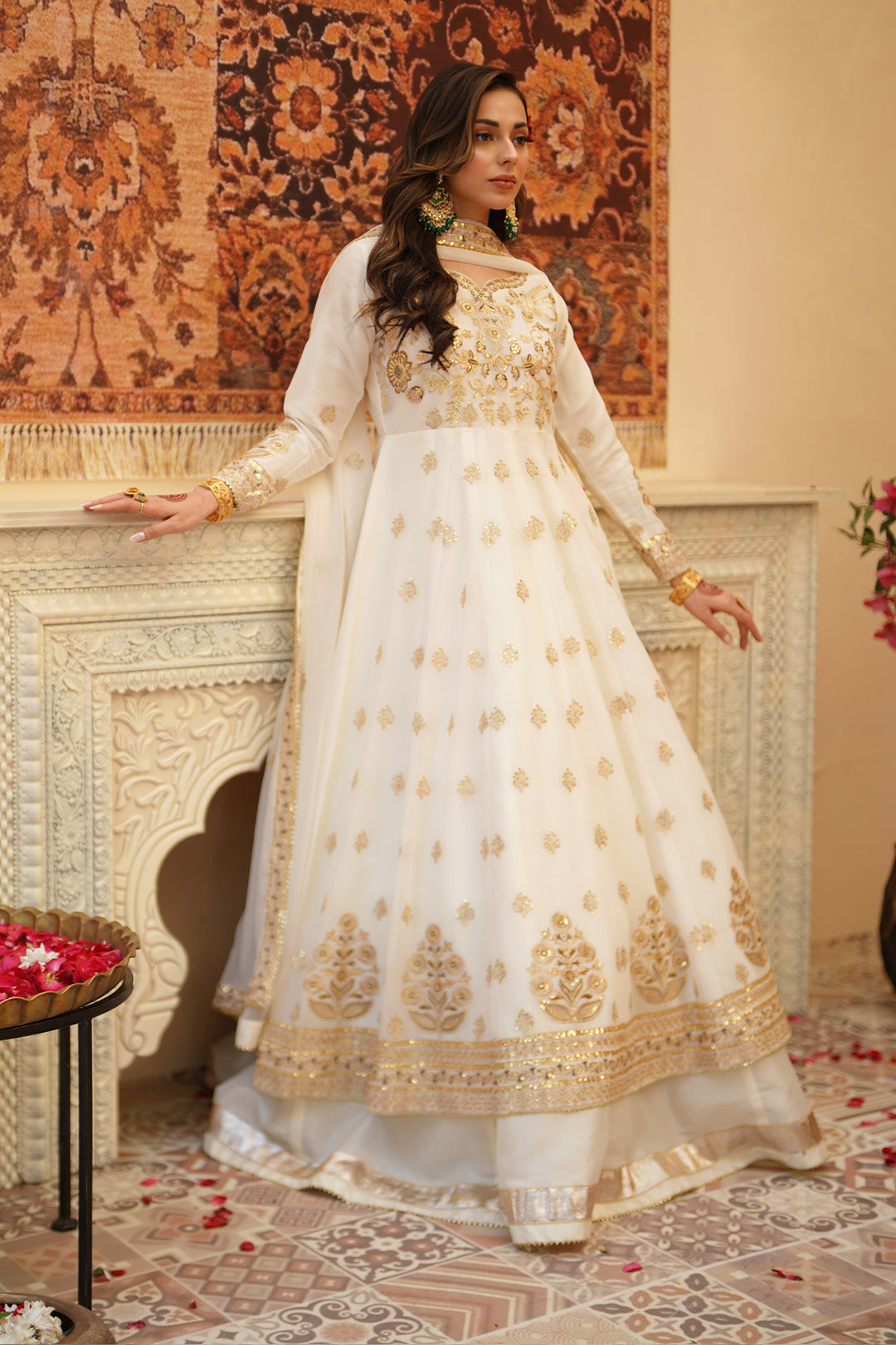 Chand Off-White Chiffon Frock with Silk Lehenga & Dupatta For Women