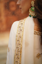 Chand Off-White Chiffon Frock with Silk Lehenga & Dupatta For Women