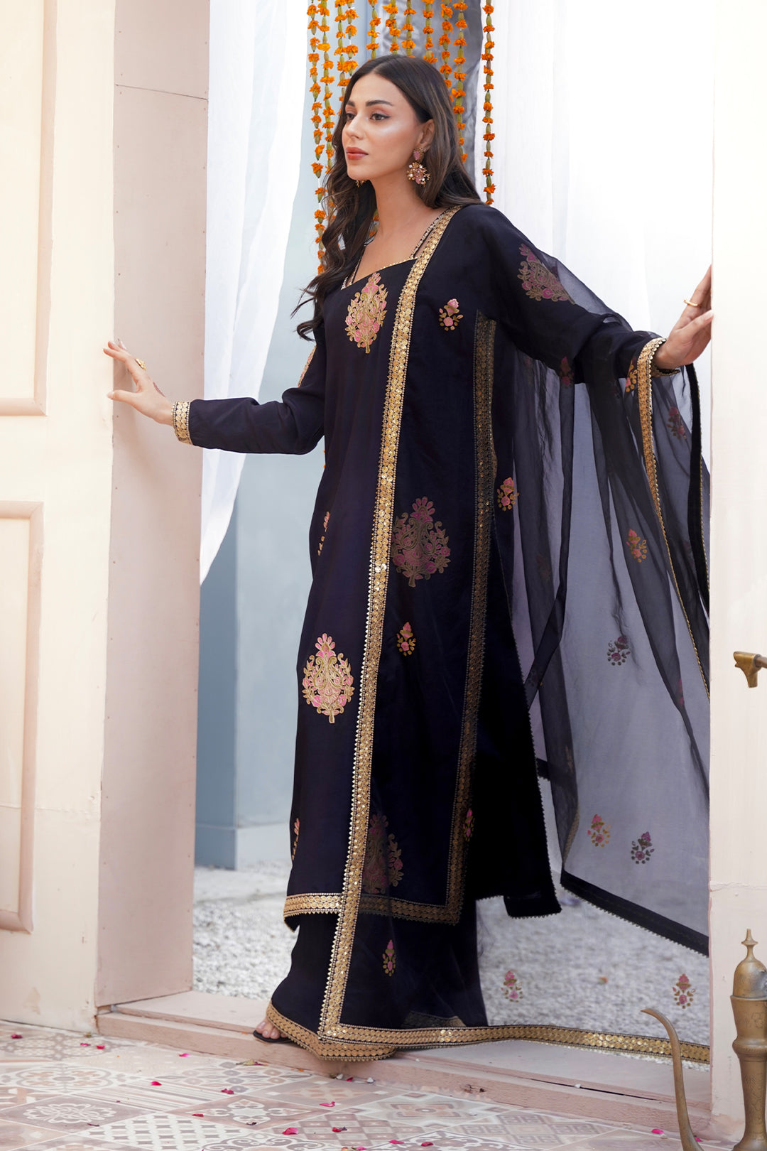 Black Luxury Tussle Silk Shirt & Sharara with Dupatta For Women