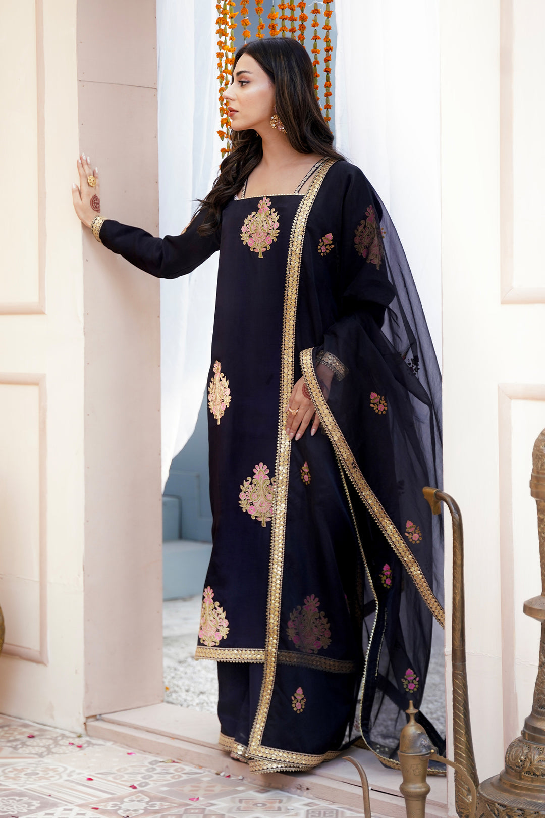 Black Luxury Tussle Silk Shirt & Sharara with Dupatta For Women