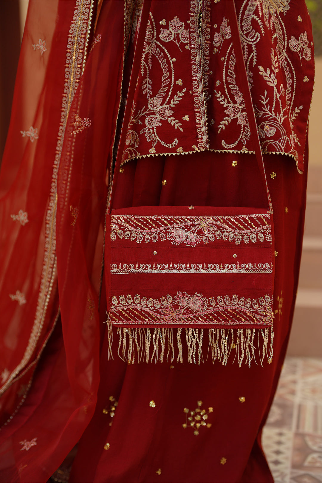 Gulrung Red Premium Raw Silk Short Shirt & Sharara For Women