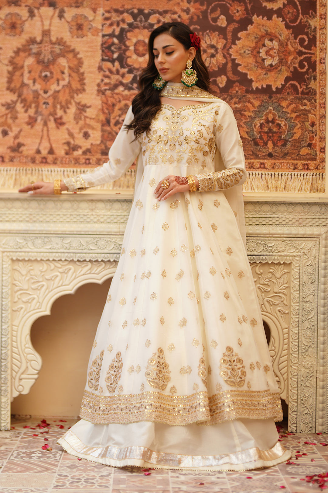 Chand Off-White Chiffon Frock with Silk Lehenga & Dupatta For Women