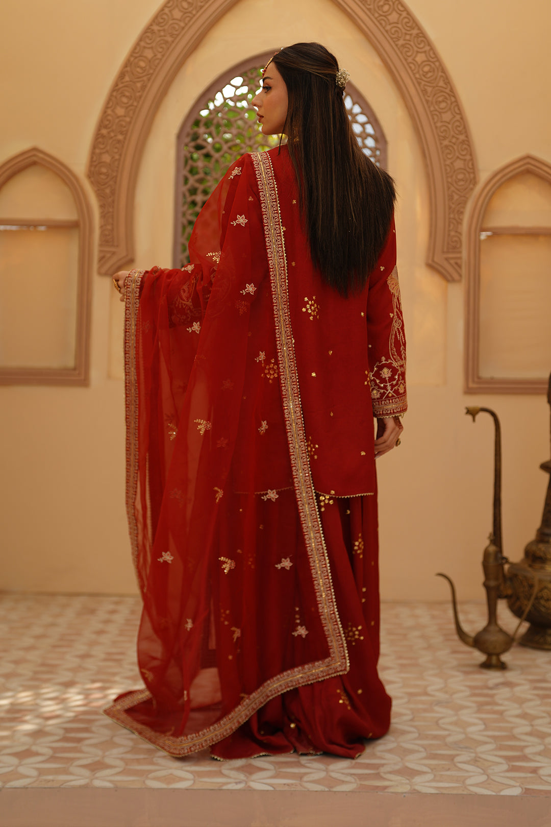 Gulrung Red Premium Raw Silk Short Shirt & Sharara For Women