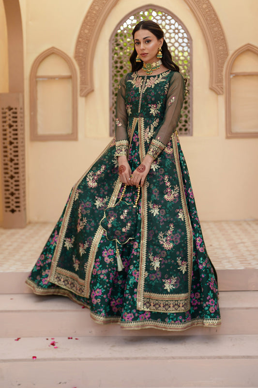Gul Forest Green Luxury Silk Maxi with Gown & Dupatta For Women