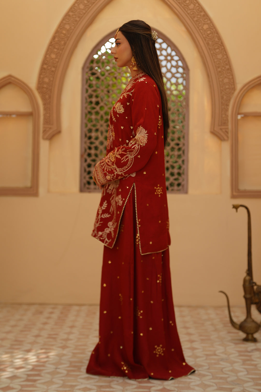 Gulrung Red Premium Raw Silk Short Shirt & Sharara For Women