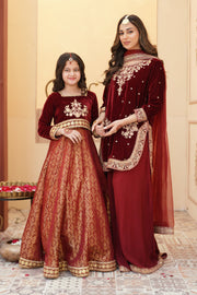 ZEBA Royal Maroon Velvet Shirt & Sharara Set For Mother & Daughter