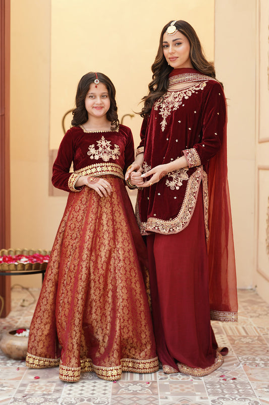 ZEBA Royal Maroon Velvet Shirt & Sharara Set For Mother & Daughter