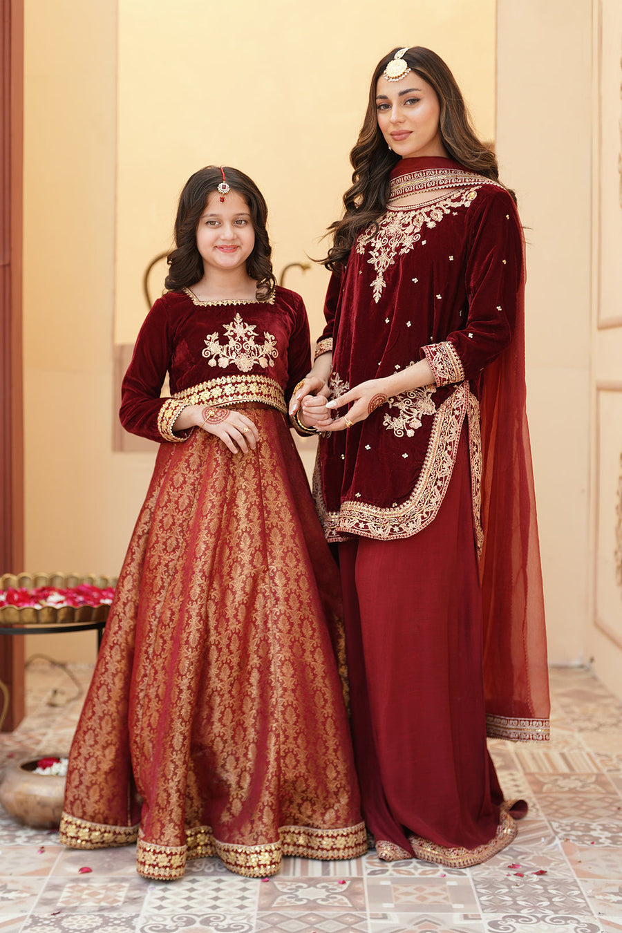 ZEBA Royal Maroon Velvet Shirt & Sharara Set For Mother & Daughter