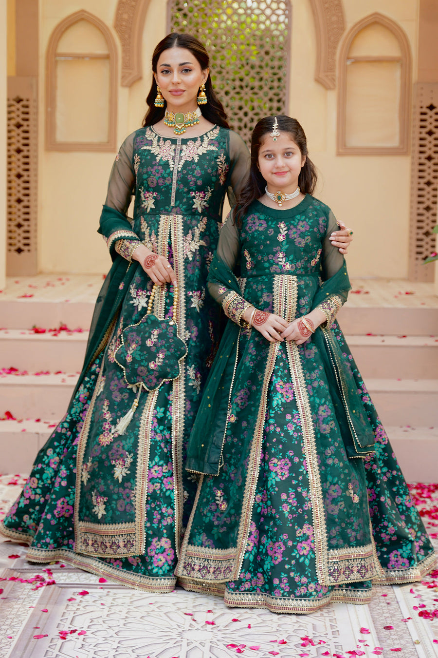Gul Forest Green Embroidered Maxi with Gown For Mother & Daughter