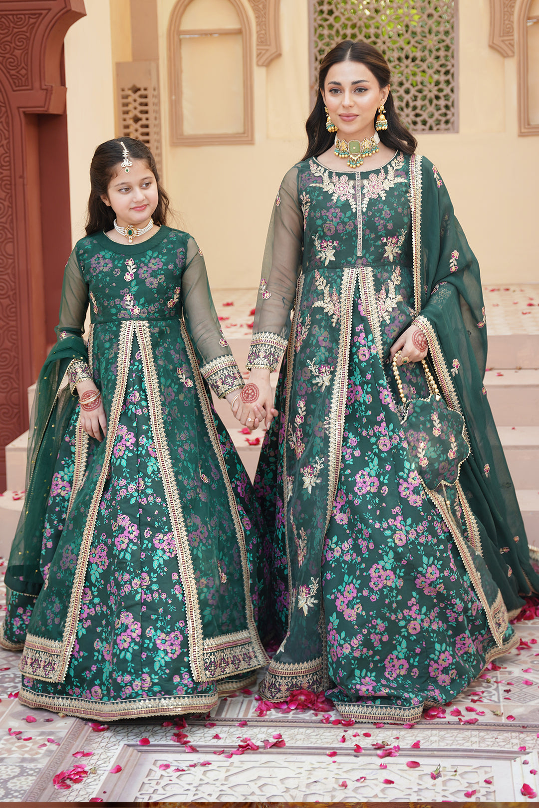 Gul Forest Green Embroidered Maxi with Gown For Mother & Daughter