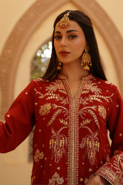 Gulrung Red Premium Raw Silk Short Shirt & Sharara For Women
