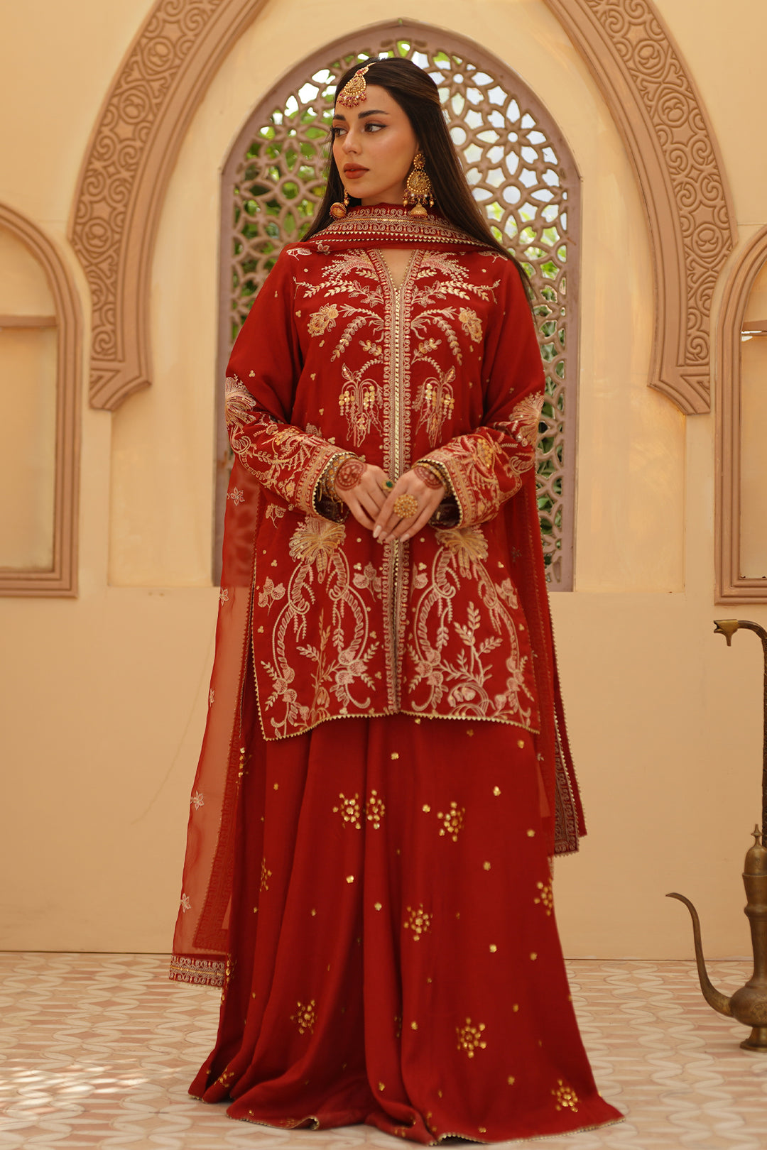 Gulrung Red Premium Raw Silk Short Shirt & Sharara For Women