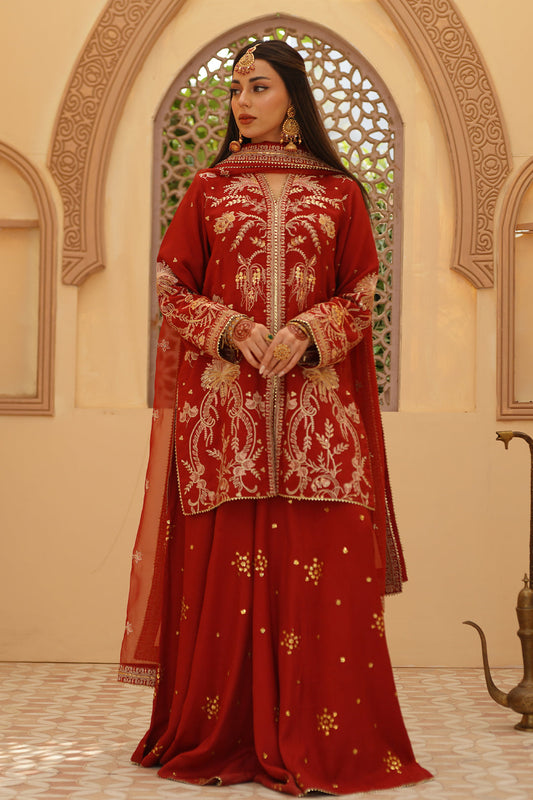 Gulrung Red Premium Raw Silk Short Shirt & Sharara For Women