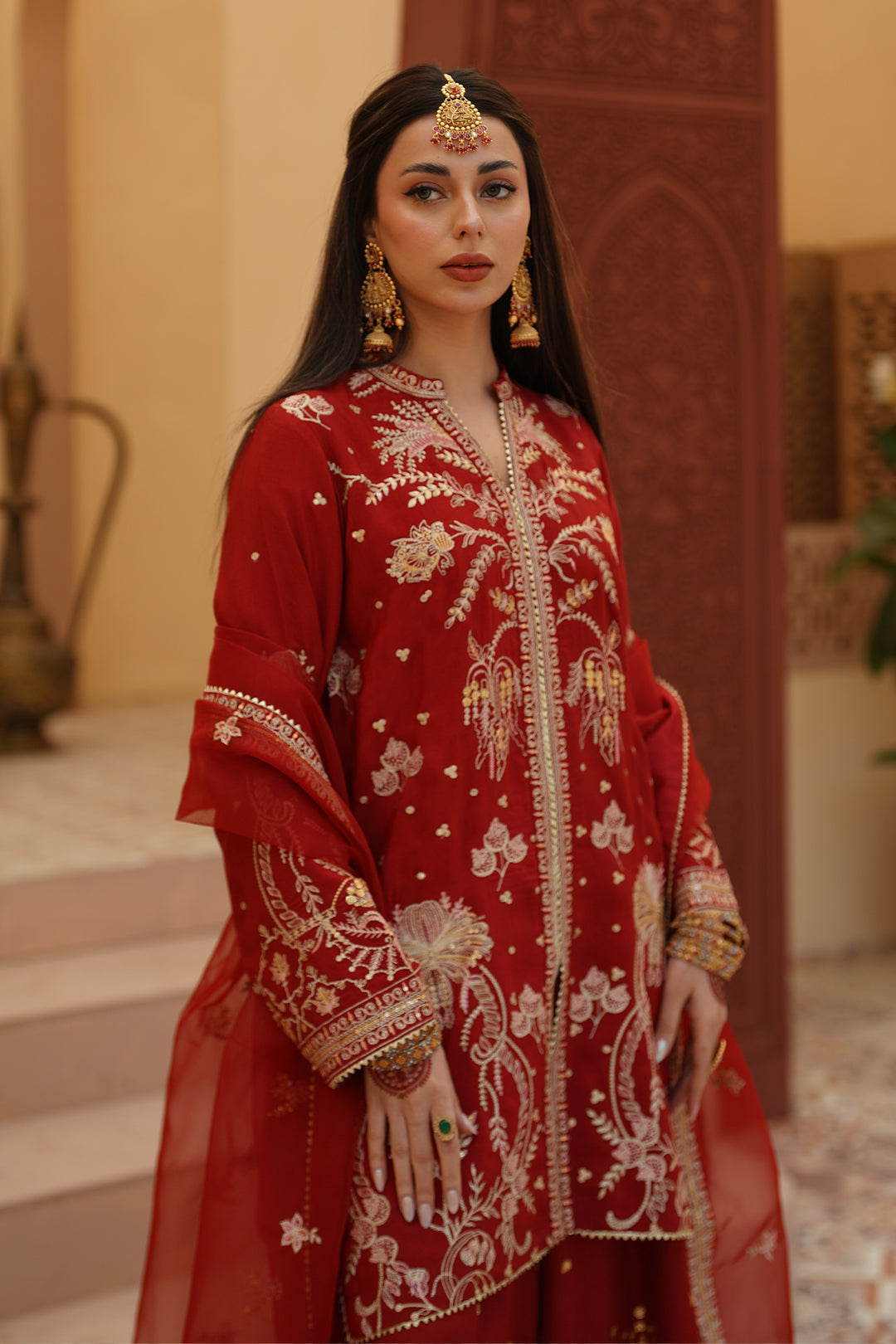 Gulrung Red Premium Raw Silk Short Shirt & Sharara For Women