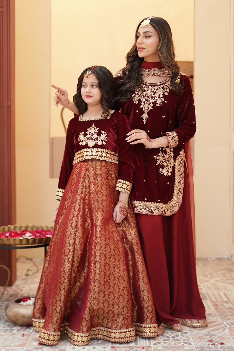 ZEBA Royal Maroon Velvet Shirt & Sharara Set For Mother & Daughter