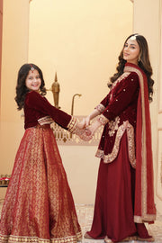ZEBA Royal Maroon Velvet Shirt & Sharara Set For Mother & Daughter