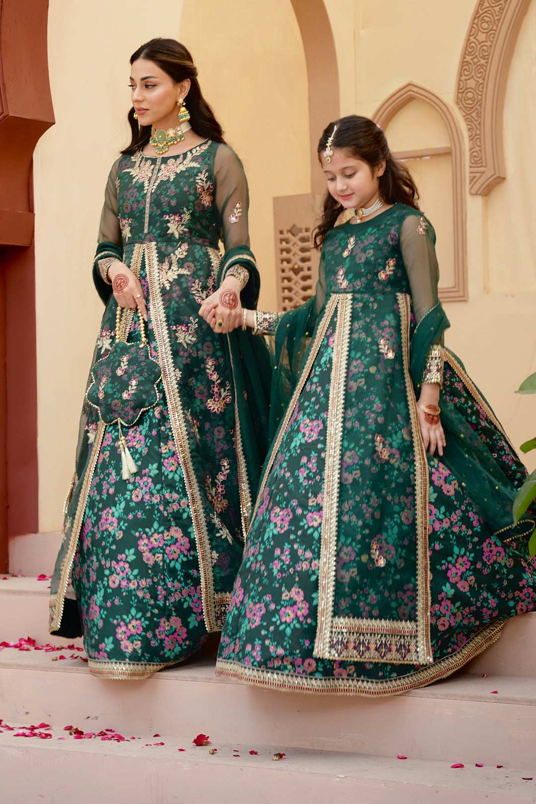 Gul Forest Green Embroidered Maxi with Gown For Mother & Daughter