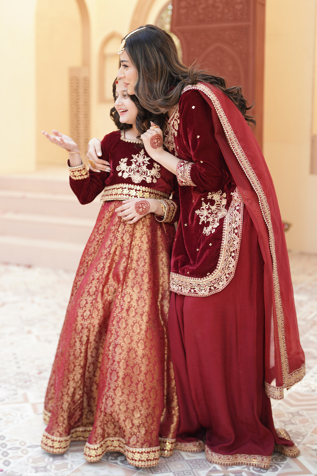 ZEBA Royal Maroon Velvet Shirt & Sharara Set For Mother & Daughter