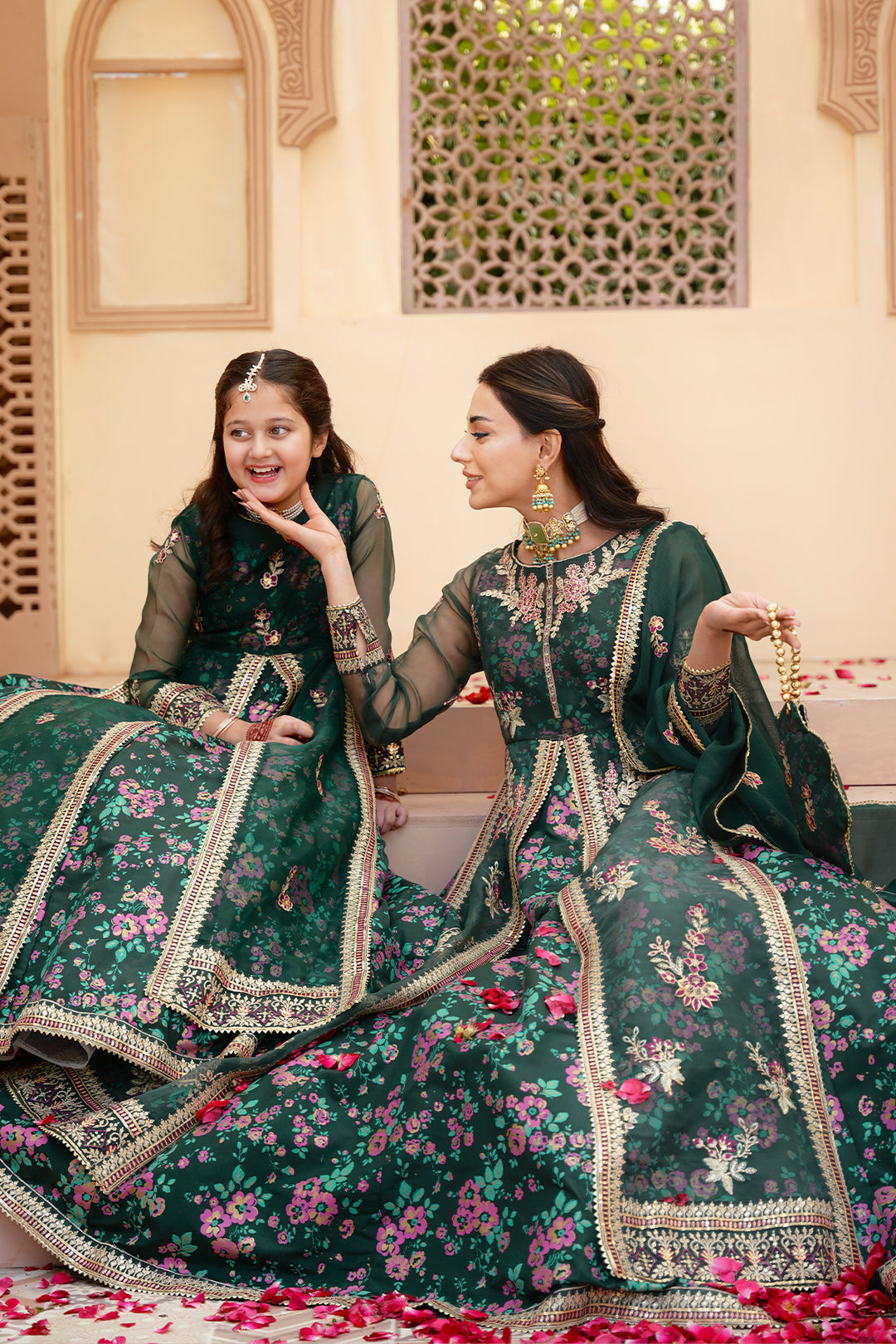Gul Forest Green Embroidered Maxi with Gown For Mother & Daughter