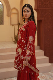 Gulrung Red Premium Raw Silk Short Shirt & Sharara For Women
