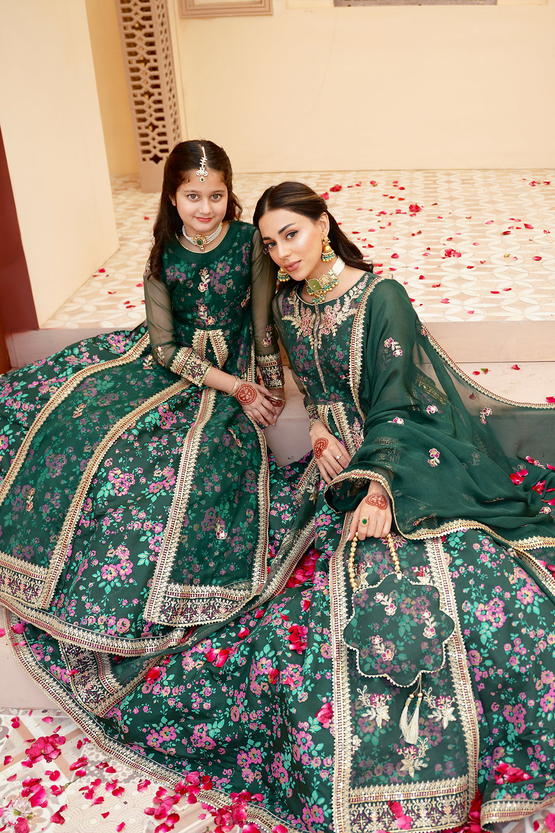 Gul Forest Green Embroidered Maxi with Gown For Mother & Daughter