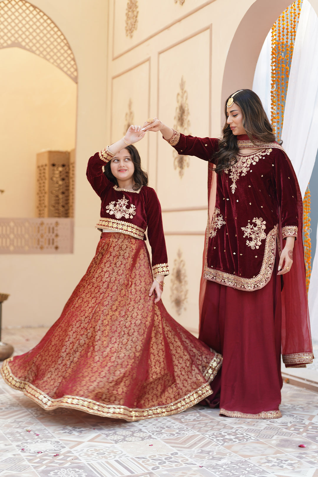 ZEBA Royal Maroon Velvet Shirt & Sharara Set For Mother & Daughter