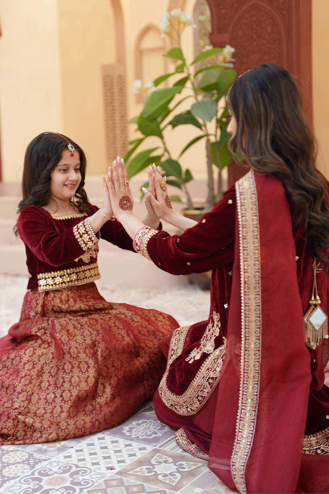 ZEBA Royal Maroon Velvet Shirt & Sharara Set For Mother & Daughter