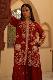 Gulrung Red Premium Raw Silk Short Shirt & Sharara For Women
