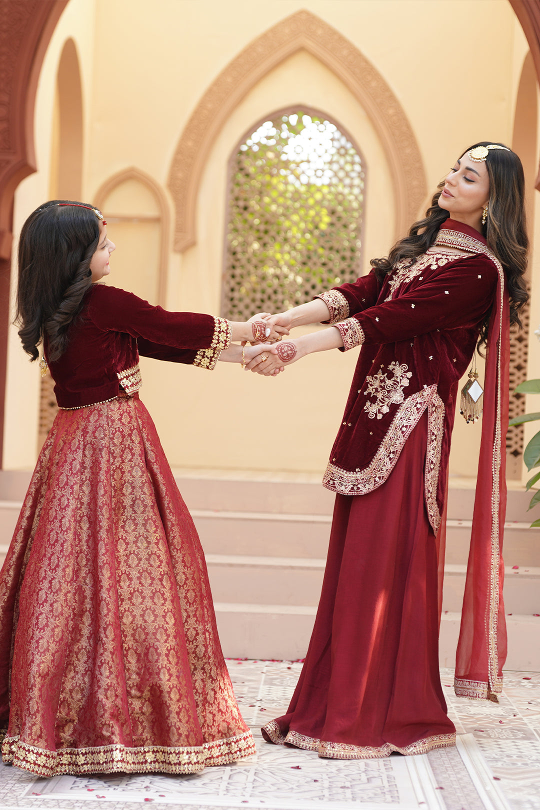 ZEBA Royal Maroon Velvet Shirt & Sharara Set For Mother & Daughter