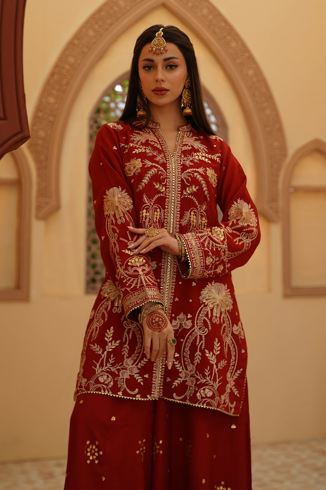 Gulrung Red Premium Raw Silk Short Shirt & Sharara For Women