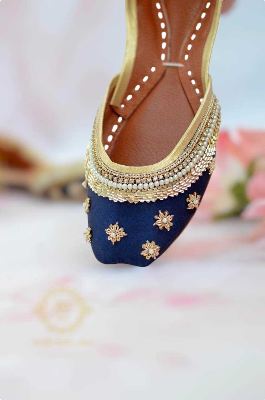 Elegant Royal Blue Khussa: Minimal Zardozi Charm For Women
