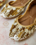 Elegant Off-White and Gold Handcrafted Khussa with 3D Flowers For Women