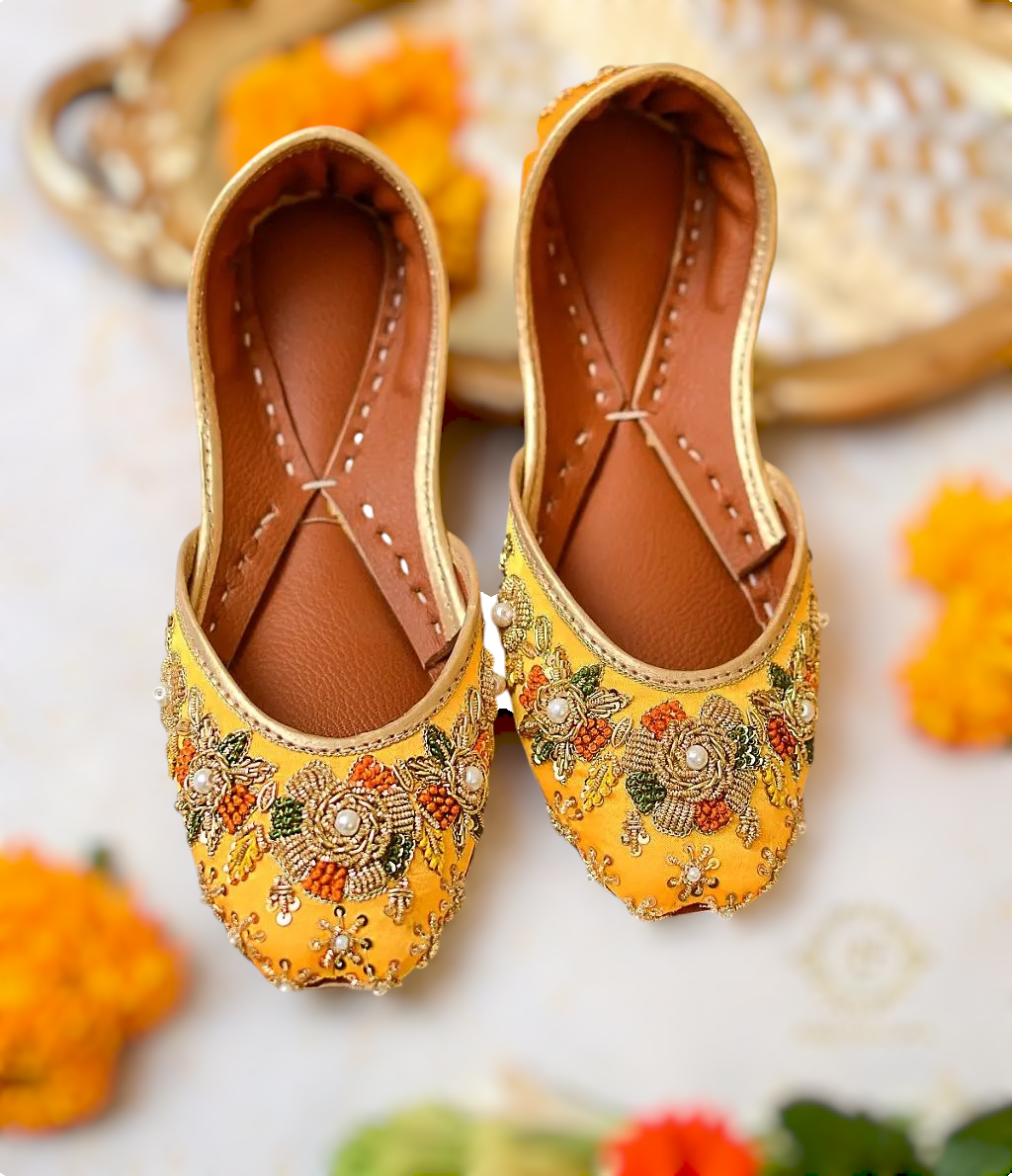 Beautiful Yellow Khussa for Mayoon Mehndi with Kora Dabka, Sitara, and Resham Work For Women