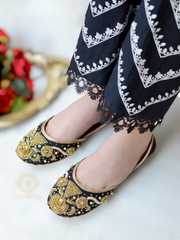 Luxurious Black Velvet Khussa with Kora Dabka and Maroon Stone Embellishments For Women
