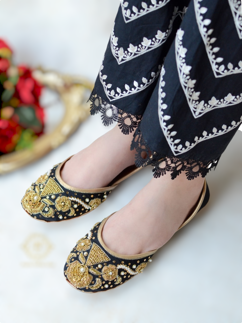Luxurious Black Velvet Khussa with Kora Dabka and Maroon Stone Embellishments For Women
