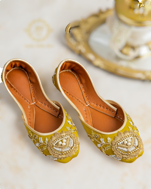 Mustard Khussa: Elegant Zardozi and Gota Patti Footwear For Women