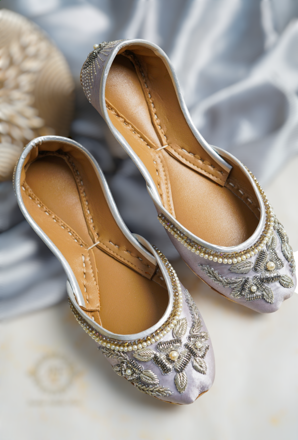Silver Zardozi Work Khussa on Luxurious Silk Base For Women